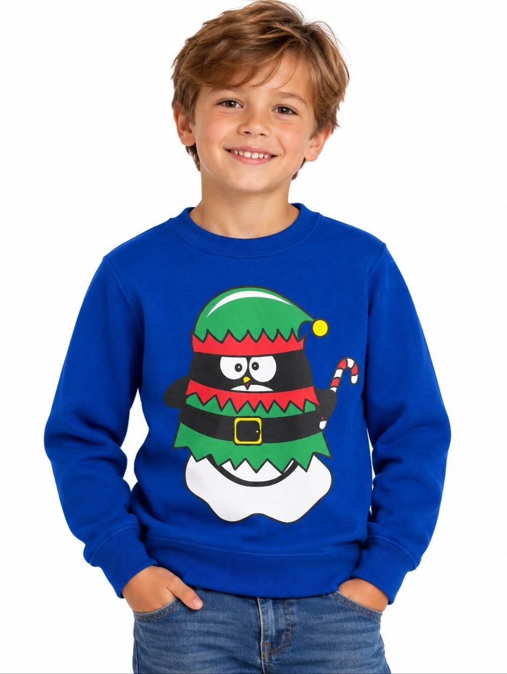 Kids Christmas Penguin Elf Graphic Sweatshirt Blue Size 10/12